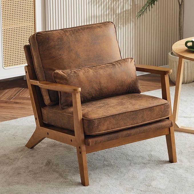 Karl home Accent Chair Wide Armrest Mid-Century Lounge Chair Linen Fabric Armchair with Lumbar Pillow & Solid Wood Frame for Living Room, Bedroom, Balcony, Gray