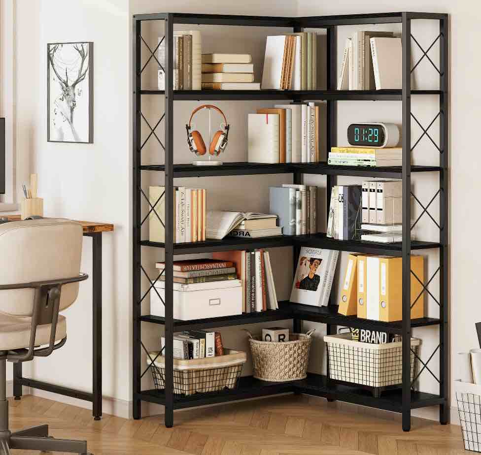 IRONCK 6-Tier Corner Shelf, L-shaped Display Bookshelf, Freestanding Bookcase for Living Room Home Office, 31.5"W, Black