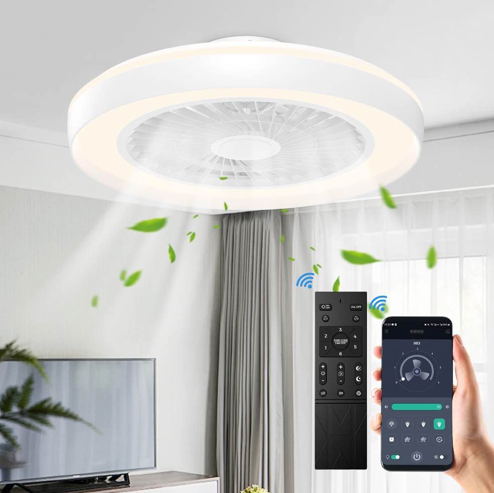 XAUJIX 19in White Modern LED Flush Mount Ceiling Fan With Remote Control