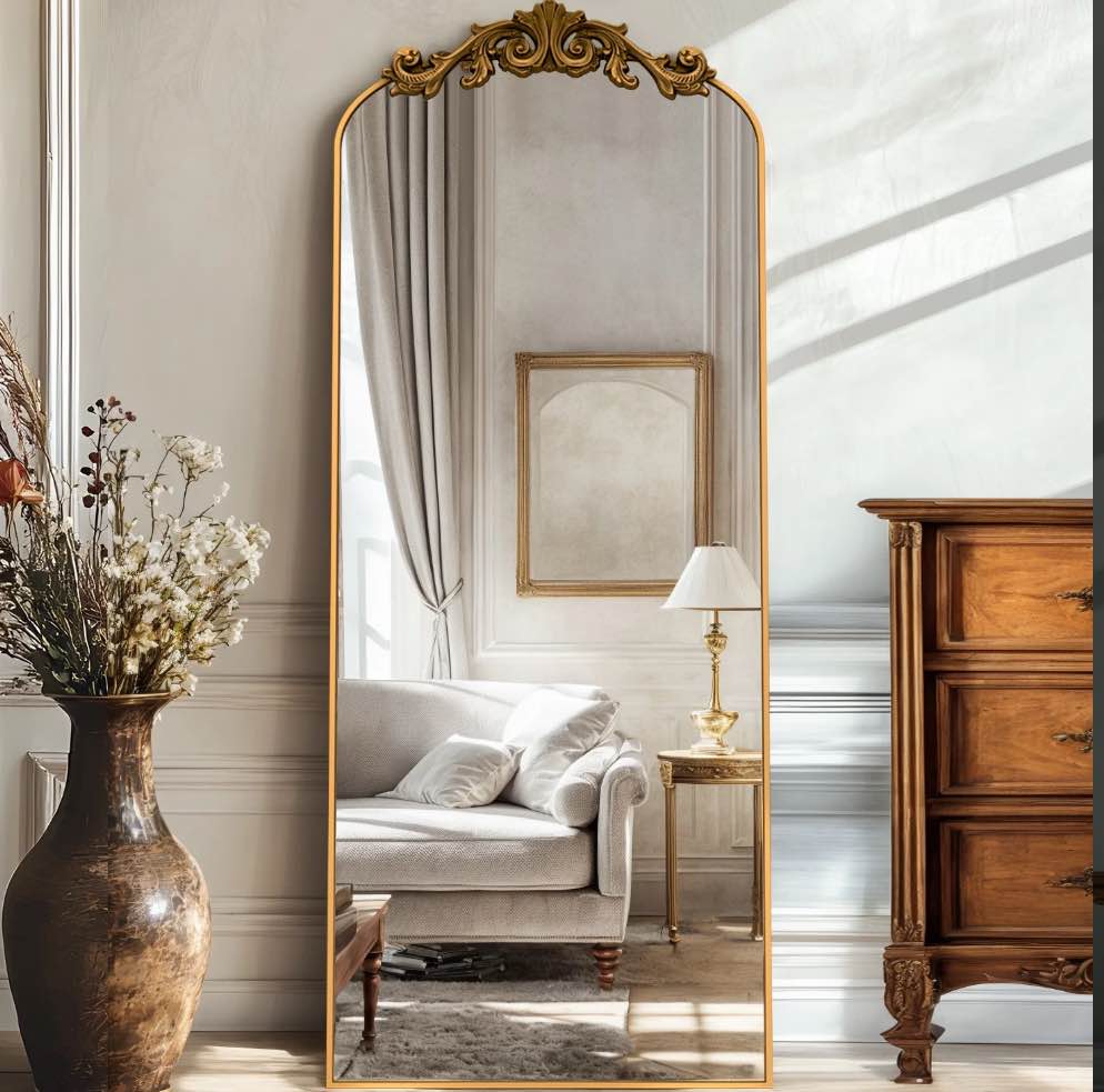 antok 58"x18" vintage arched full-length mirror with carved metal frame, baroque-style floor mirror, bronze