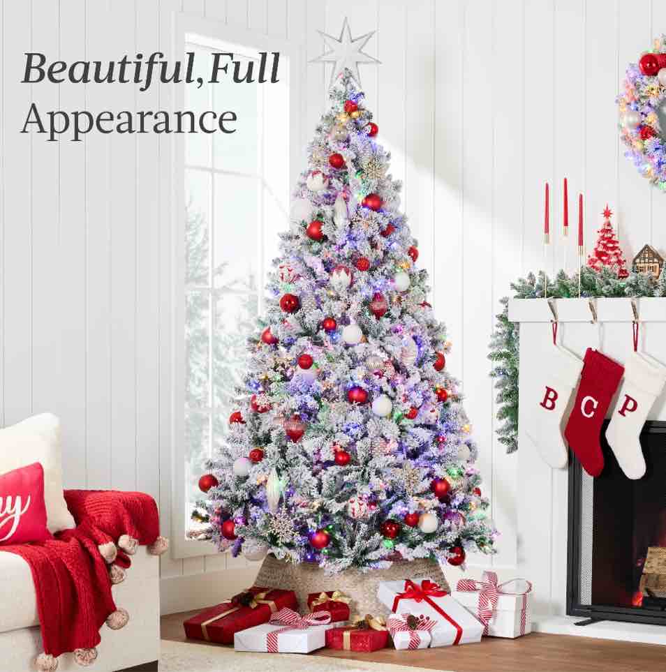 Best Choice Products 6ft Pre-Lit Christmas Pine Tree w/ Flocked Branches 250 Multicolored or Warm-White Light Modes