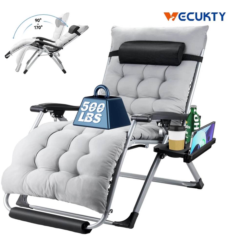 vecukty xl oversize zero gravity chair - 500lb capacity, 29-inch wide padded seat, folding travel recliner for outdoor / indoor use - patio, lawn,grey,portable and heavy duty
