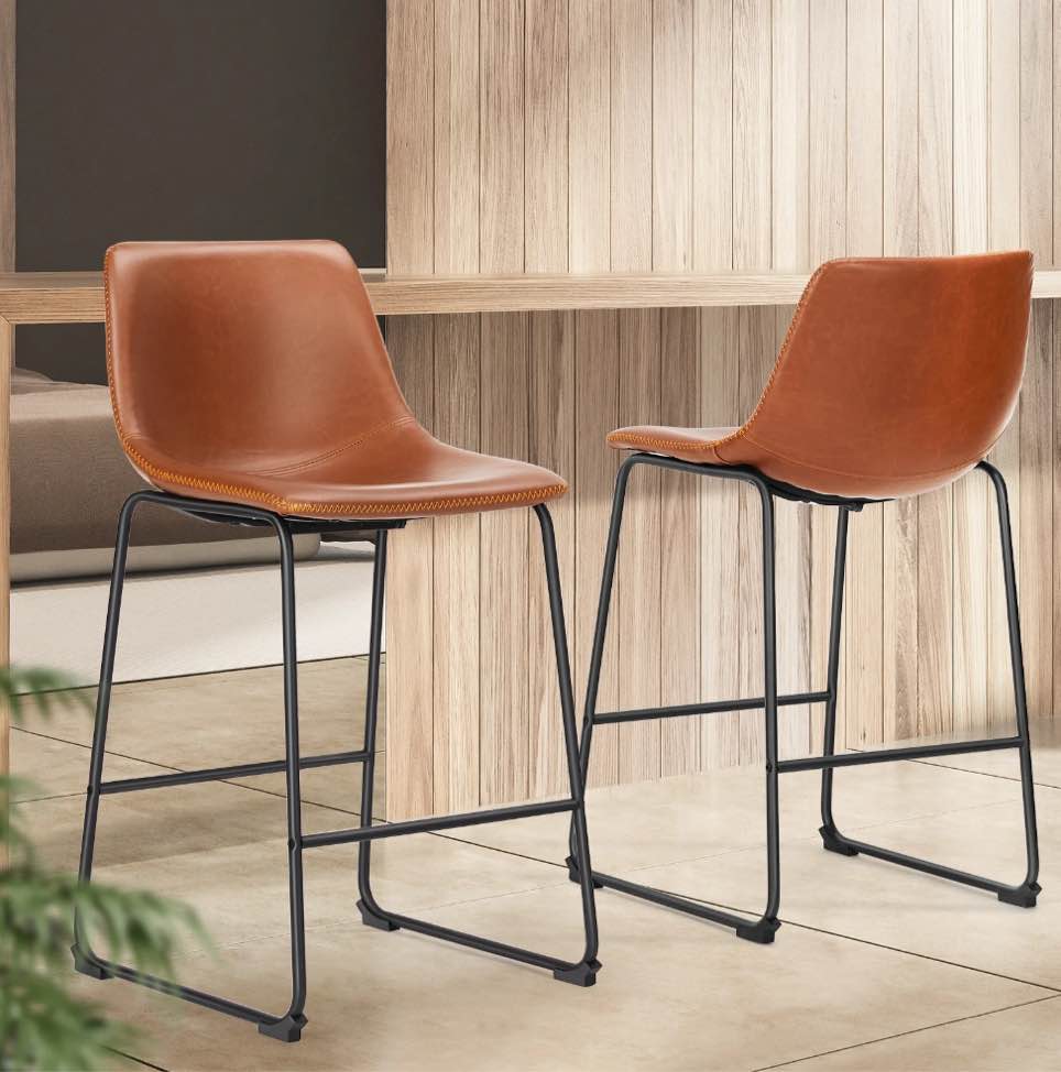 edx counter height bar stools set of 2 with back and footrest, metal frame, 26 inch, brown