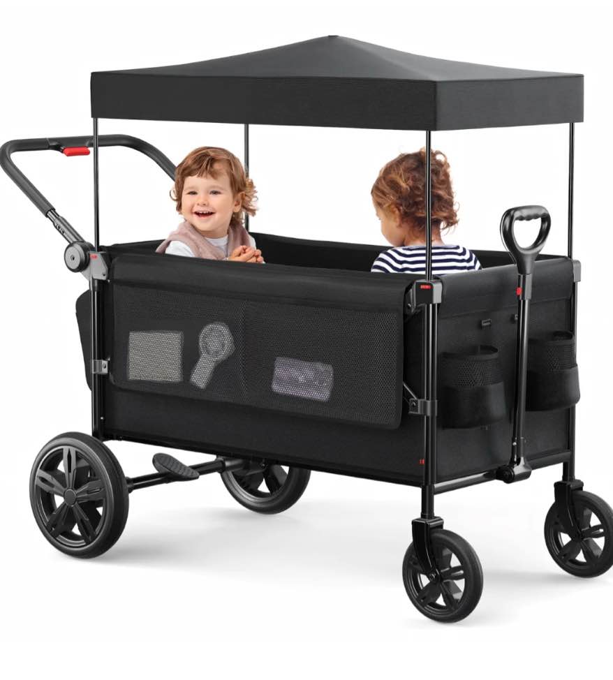 sacvon all-terrain stroller wagon for toddlers with canopy, parent organizer, adjustable handlebar, 2 cup holders