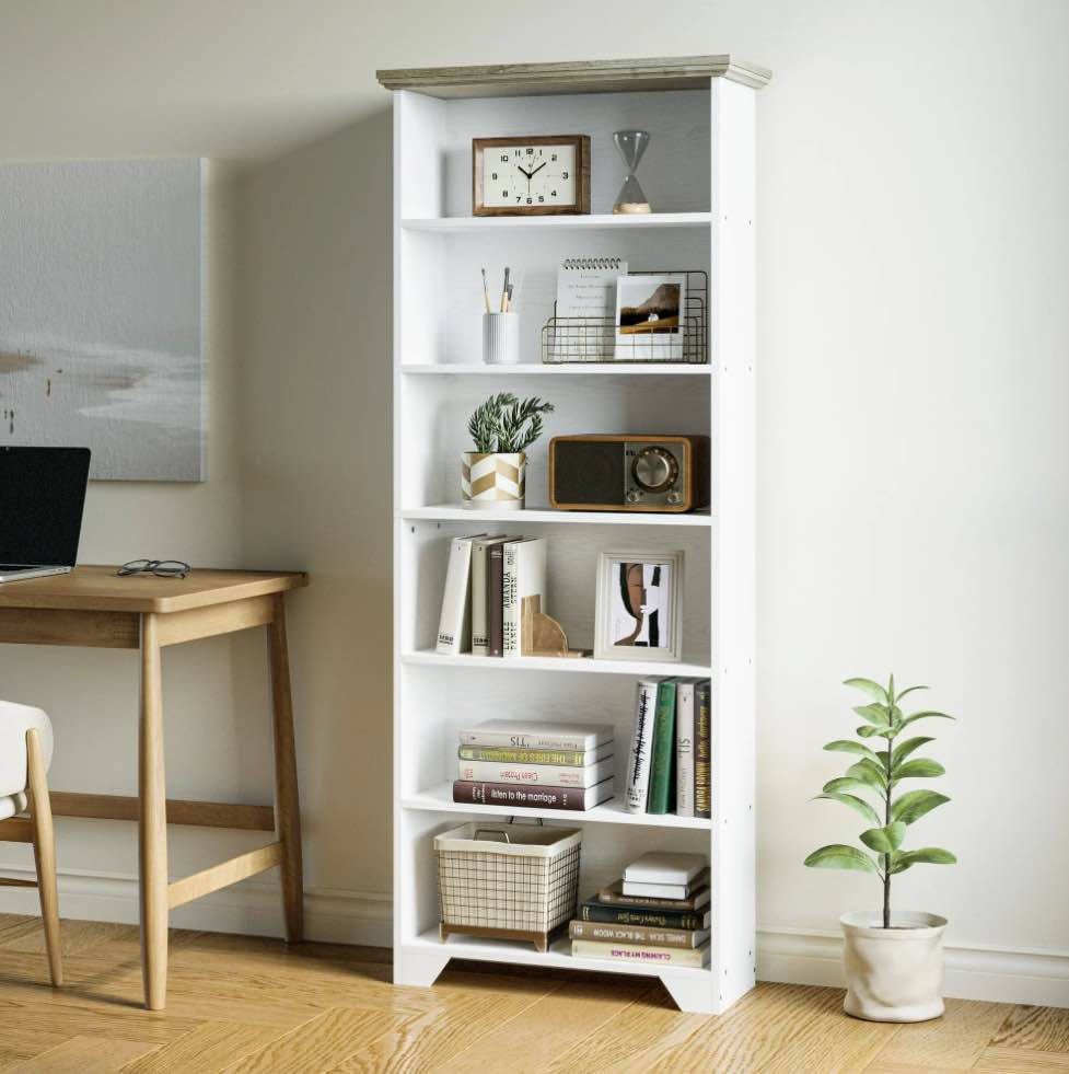 IRONCK 71" Tall 6 Tier Bookcase, Wood Book Shelf for Home Office, Bedroom, Living Room, Shiplap Beige Maple/White