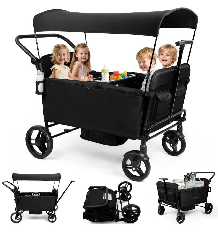 Vomeast Wagon Stroller for Kids, Spacious 4-Seater Stroller Wagon with Adjustable Canopy, Pull & Push Handle, 5-Point Harness, Foldable for Toddlers, Black