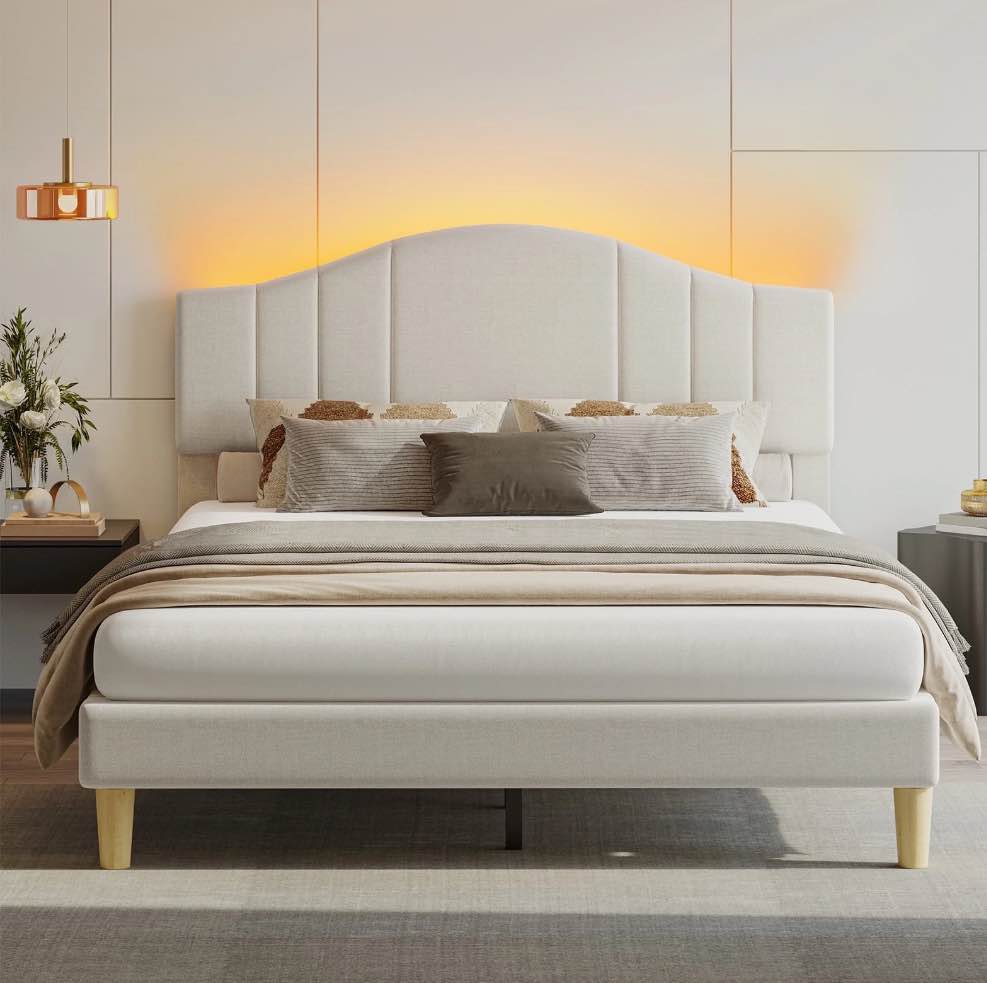 Pinmoco Full Upholstered Bed Frame with Adjustable Arc-shaped Headboard, LED Platform Bed, Fabric Beige