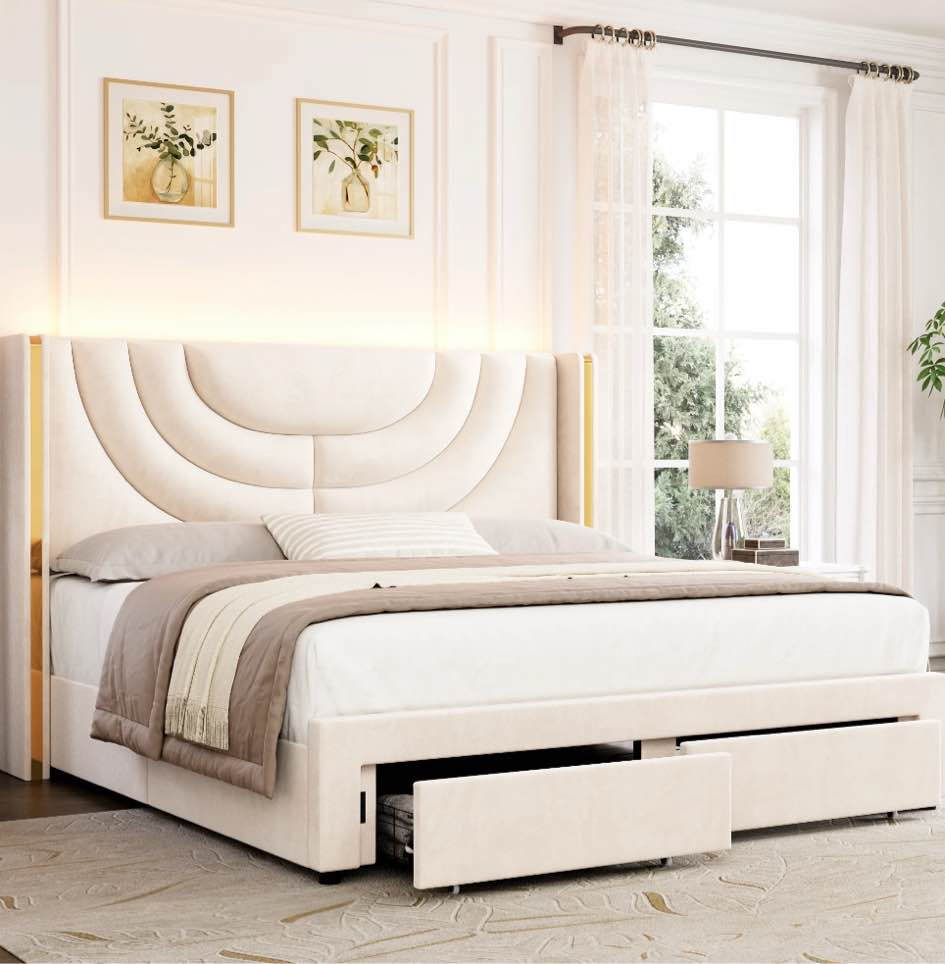 Homfa Queen Size LED Bed Frame with 2 Drawer Storage, Wingback Platform Bed with Velvet Upholstered Headboard, Off-White