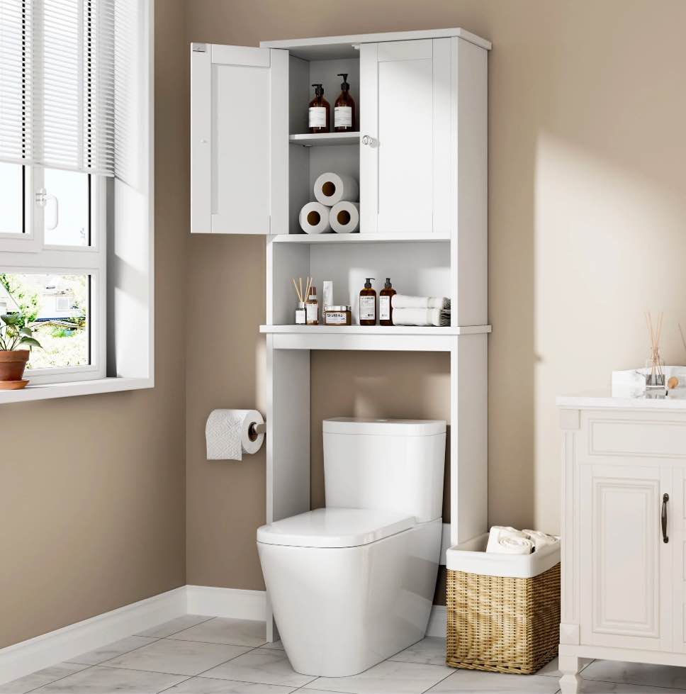 Walsunny Over The Toilet Storage Cabinet Bathroom Shelves Organizer Space Saver Freestanding Restroom Shelf with Doors Anti-Tip Device Adjustable Shelf White