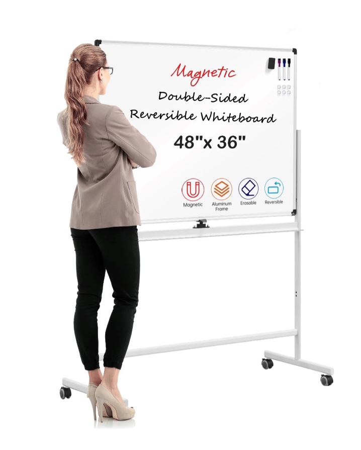 VUSIGN 48''x36'' Large Rolling Mobile Magnetic Double-Sided Reversible Whiteboard Height Adjust, Magnetic Dry Erase Board Easel