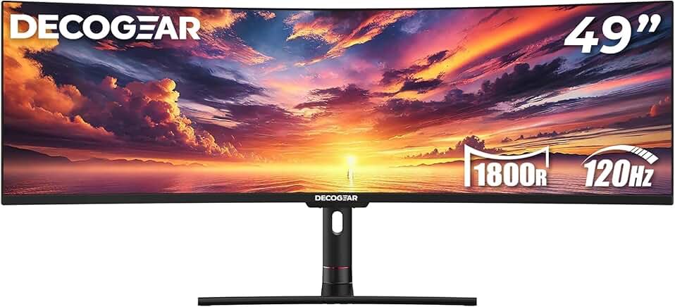 Deco Gear 49" Curved Ultrawide Gaming Monitor, DQHD 5120x1440, 32:9, 120 Hz, 101% NTSC 100% sRGB, Adjustable, Home Office and Entertainment Workstation