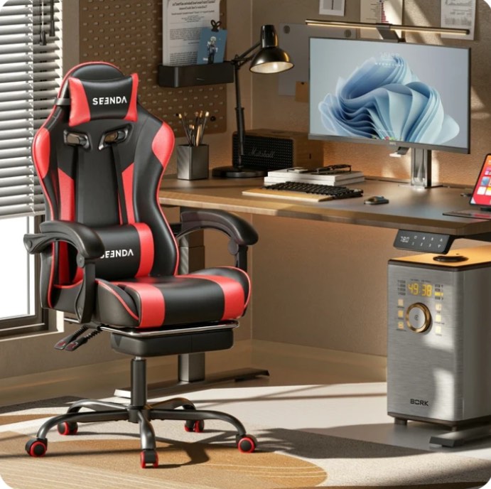 Gaming Chair, Seenda Computer Office Chair, Linkage Armrests and Footrest, High Back Ergonomic Home Office Desk Chair with Lumbar Support Task Chair, Red