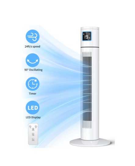 Cikuci 36" Tower Fans, 90° Oscillating Air Cooler Floor Fan for Indoors with 3 Speeds, 12H Timer, LED Display, for Home Office