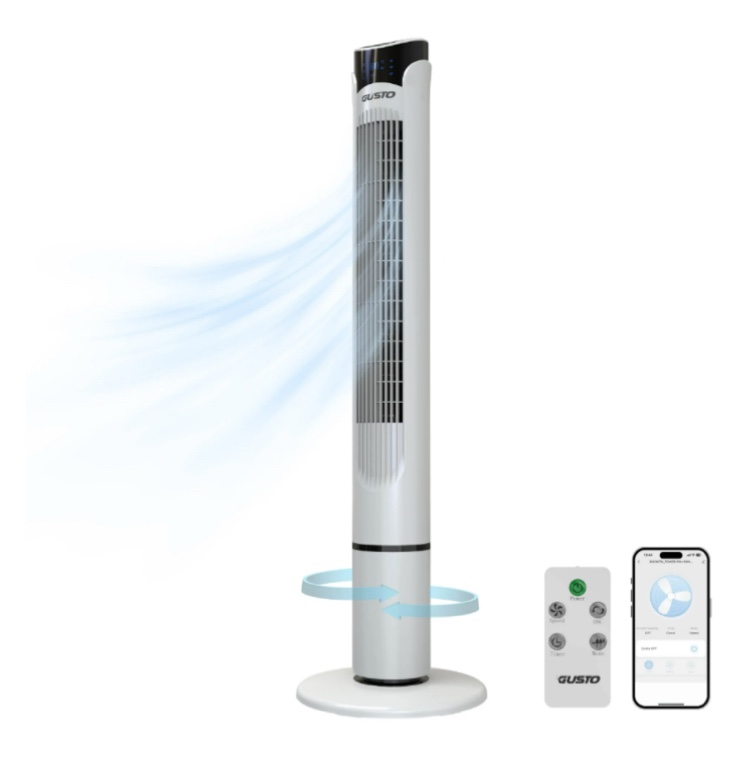 Tzumi 40" Smart Tower Fan, Bladeless Oscillating Standing Floor Fan with Remote, LED Display, and WiFi Function, White