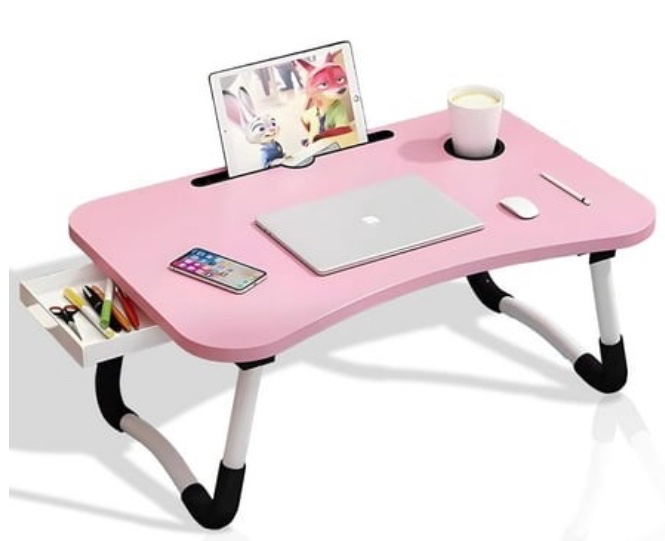 vinauo foldable lap desk ,23.6" tv tray ,laptop bed table with ipad slots,cup holder and drawer,lap table for couch, pink