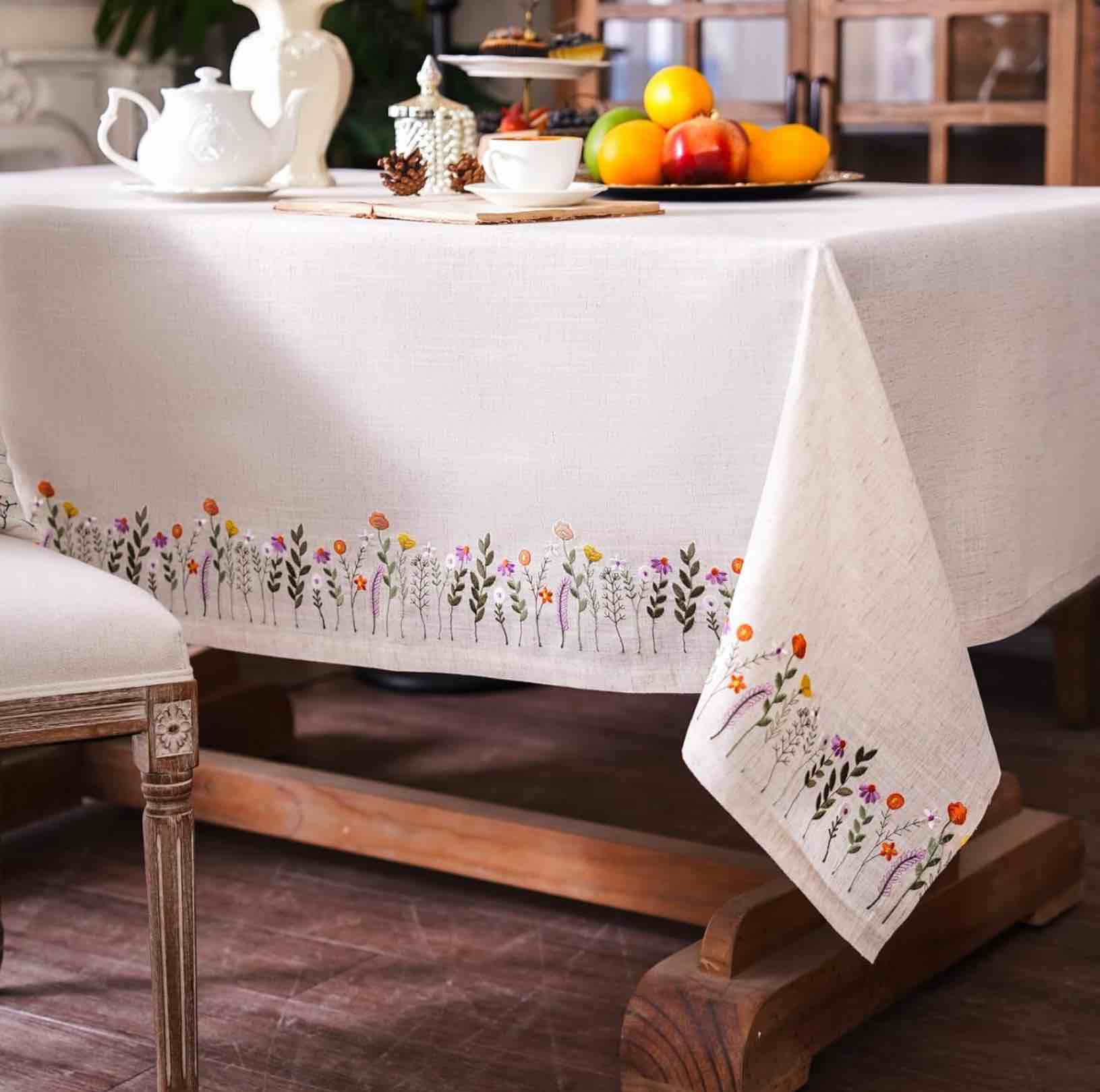 ARTABLE Linen Lace Tablecloth - Country Farm Style, Elegant Embroidery, Colorful Plants Pattern (60 