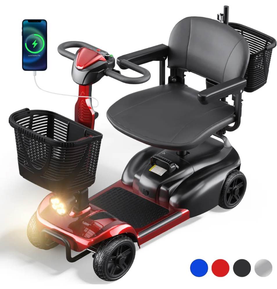 sacvon 4 wheels mobility scooter with cane holder for seniors, electric folding wheelchair device for travel, red