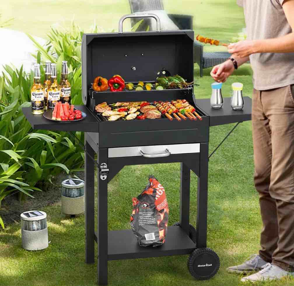 master cook charcoal grill with two side tables, bbq grill for outdoor picnic backyard patio and parties, black