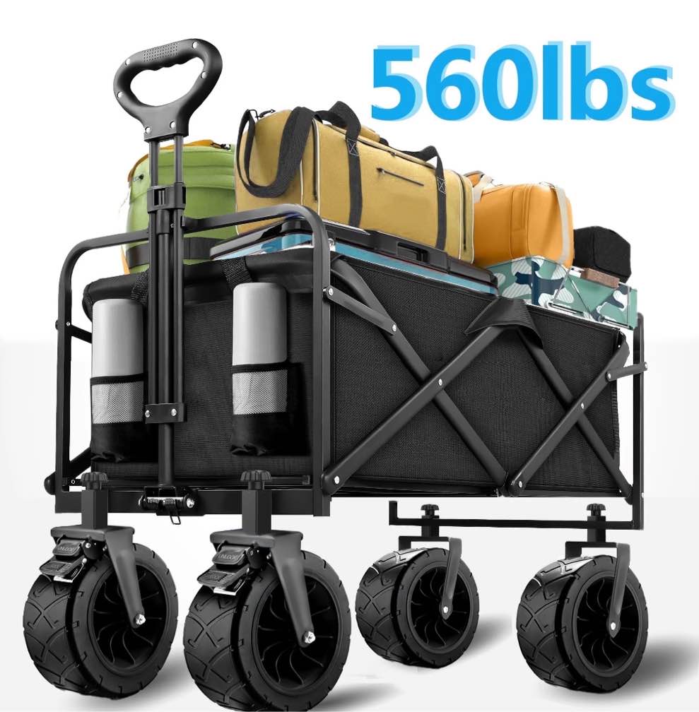 Qunler 560lbs Collapsible Folding Wagon, Big Bucket Beach Cart,  Heavy Duty Large Capacity Garden Wagon with Multi-Terrain Brake Wheels for Outdoor Camping, Shopping, Sports, Grocery, Kids, Black