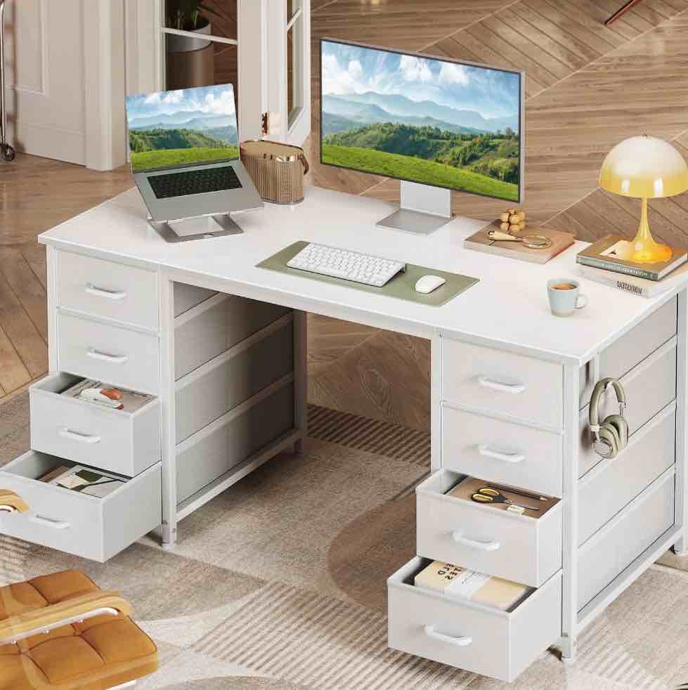 White Computer Desk with Drawers for Storage - 48 inch Home Office Desk with 8 Fabric Drawers, Writing Study Desk with Drawers on Both Sides for Bedroom