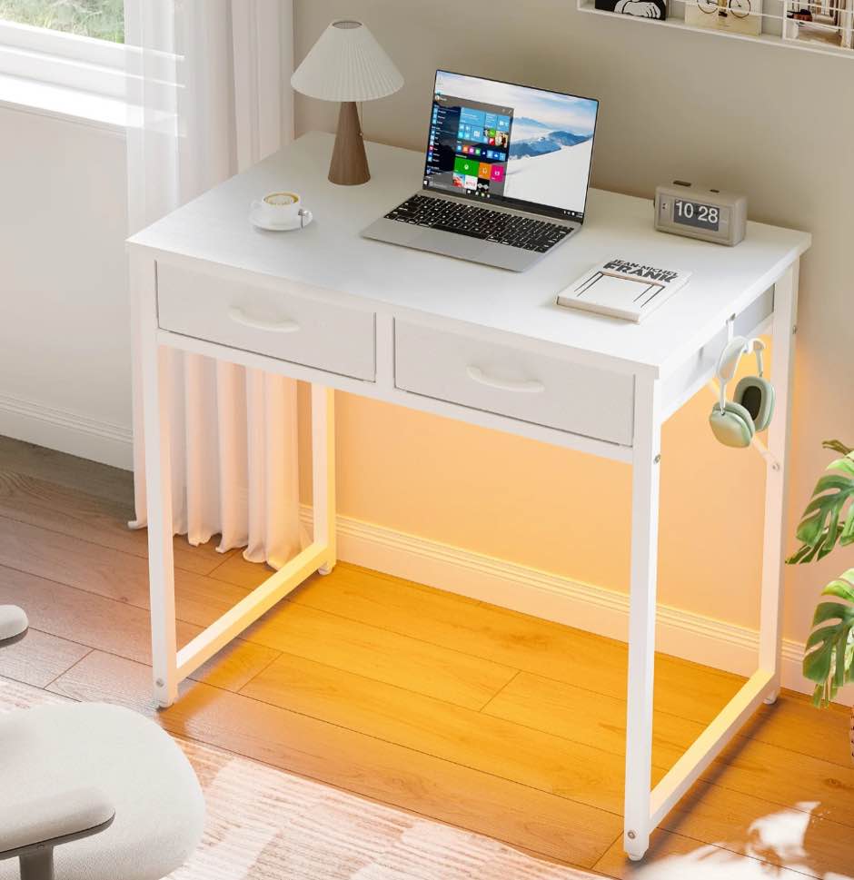 Pinmoco 32 inch Small Desk with 2 Fabric Drawers& RGB LED Light, Small Computer Desk Writing Desk Vanity Desk with Hanging Hook for Small Spaces, Home Office, White