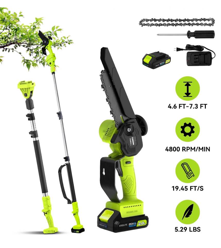 Steelite 2-in-1 Cordless Pole Saw & 6" Electric Mini Chainsaw,21V 2.0 Ah Battery Powered Brushless Pole Chainsaw ,13 FT Max Reach for Tree Trimming,5.29 lbs Lightweight,with Replacement Chain