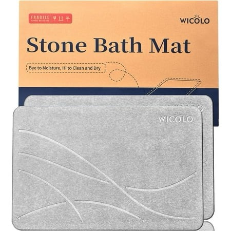WICOLO Stone Bath Mat Set 2PCS Diatomaceous Earth Bathroom Stone Mat Non-Slip Absorbent Shower Mat 24 X15 Light Gray