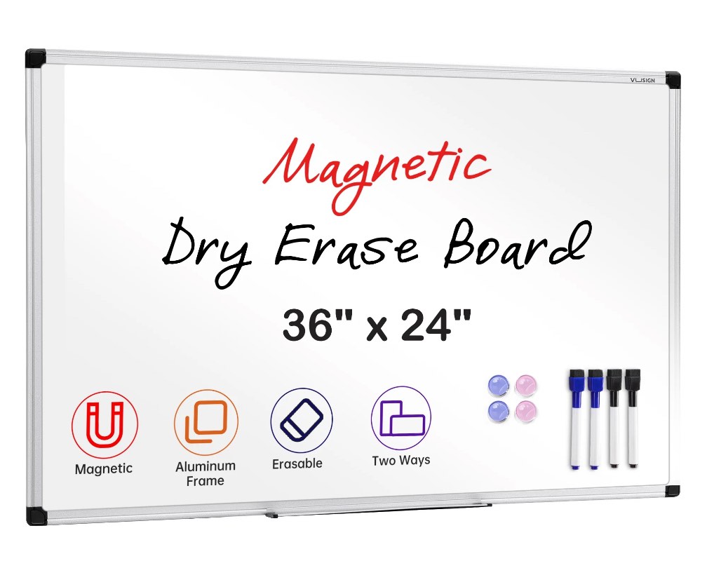 vusign magnetic dry erase whiteboard, 36 x 24 inches, wall mounted with pen tray, silver aluminium frame