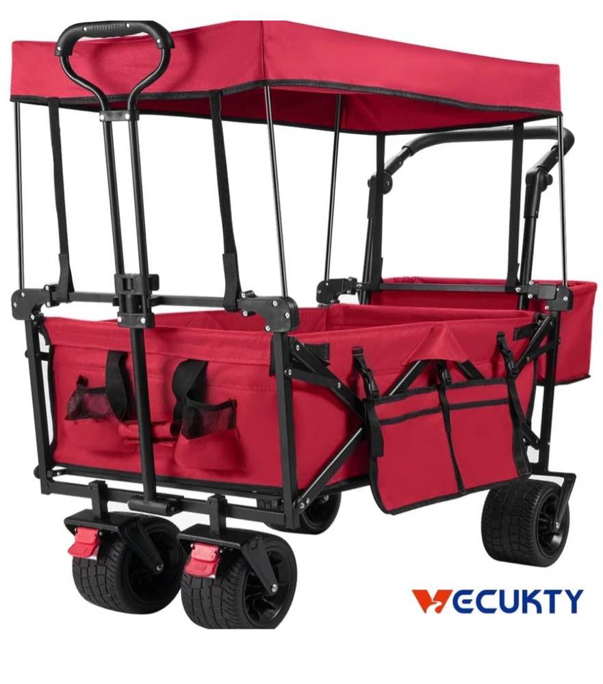 vecukty collapsible garden wagon cart with removable canopy red