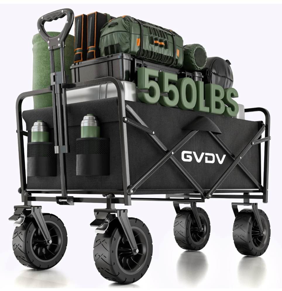 gvdv collapsible folding wagon, 550lbs large heavy duty utility cart with all-terrain wheels and adjustable handles for shopping, camping, sports, outdoor, beach, black