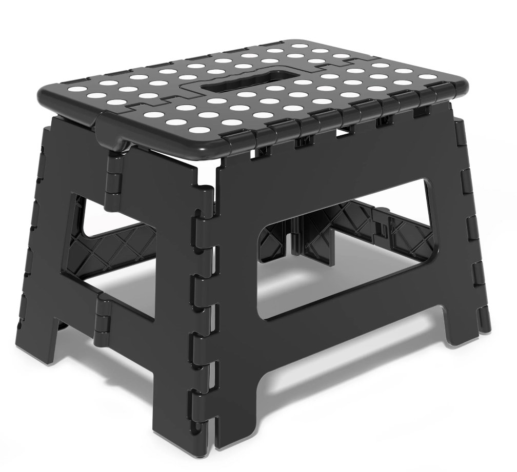 folding step stool 9 inch for adults holds up to 300 lbs, non-slip folding stools with portable handle, compact plastic foldable step stool for bathroom, bedroom, kitchen, black