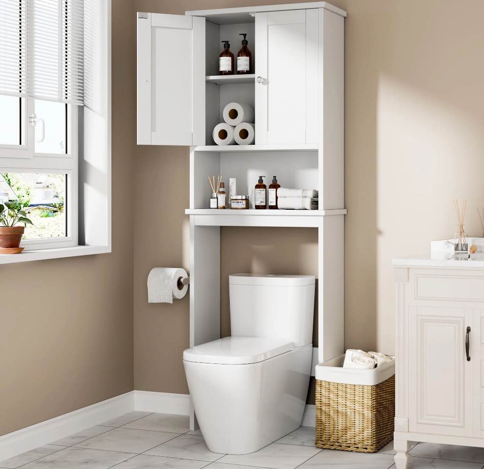 walsunny over the toilet storage cabinet bathroom shelves organizer space saver freestanding restroom shelf with doors anti-tip device adjustable shelf white