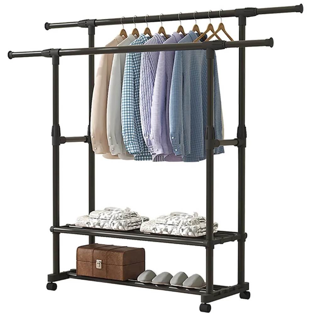 susuzi portable clothing garment rack,  adjustable double rails clothes rack with 4 wheels rolling clothes organizer, black