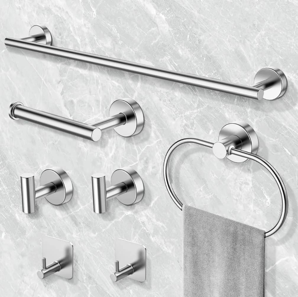 bathroom hardware set, 7 pieces bathroom accessories set includes 24" towel bar, toilet paper holder, towel ring, robe hook, brushed nickel & stainless steel, wall mounted bathroom towel rack set