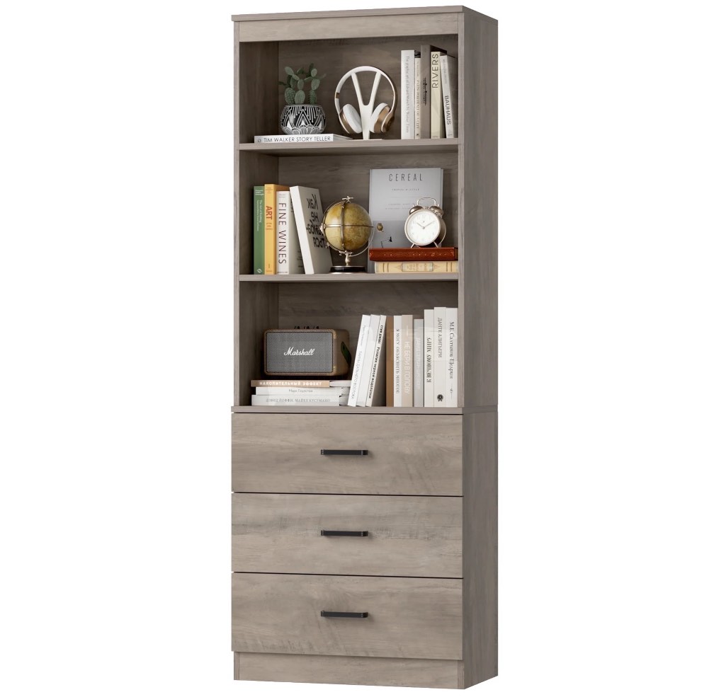 homfa 71" tall bookcases with 3 large drawers, 3 tier wooden storage bookshelf for living room home office, ash grey