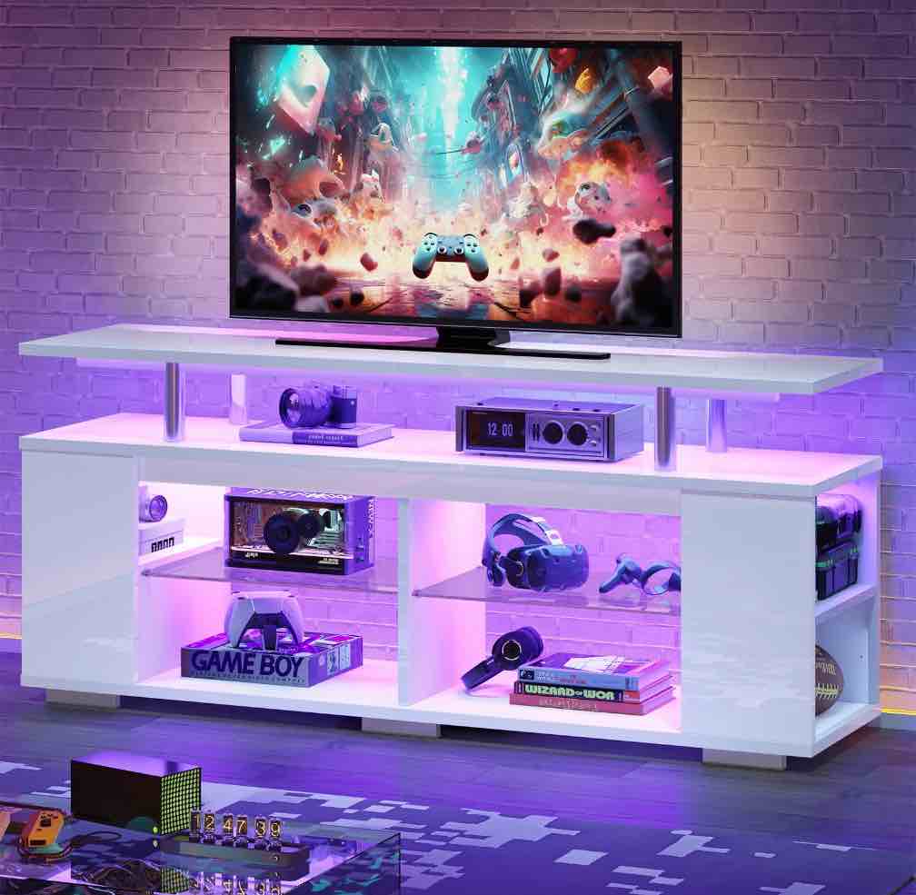 Pinmoco LED TV Stand for TVs up to 70", High Gloss Large Gaming Entertainment Center with Adjustable Shelf PS5 Storage TV Cabinet, White