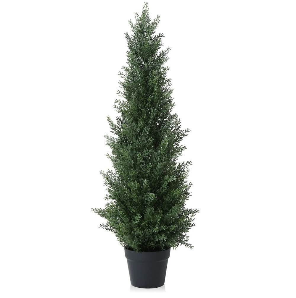 Artificial Cedar Tree 3 ft Outdoor Artificial Topiary Cedar Plants Fake Tree UV Rated Potted Tree for Porch Decor Faux Pine Tree for Perfect Housewarming Gift 1Pack