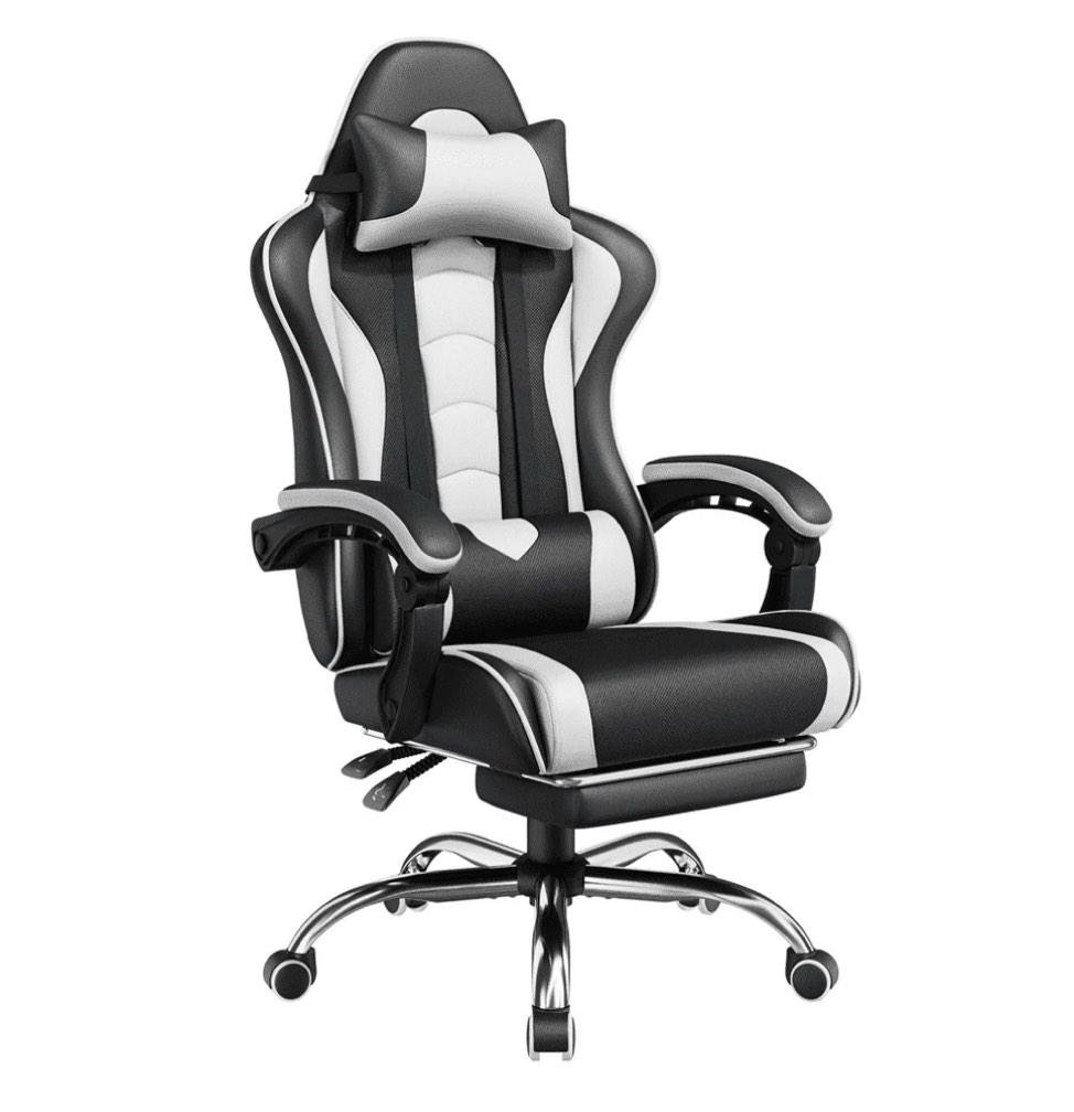 Yaheetech Reclining Gaming Chair with Folding Footrest and Massage Lumbar Pillow, Black/White