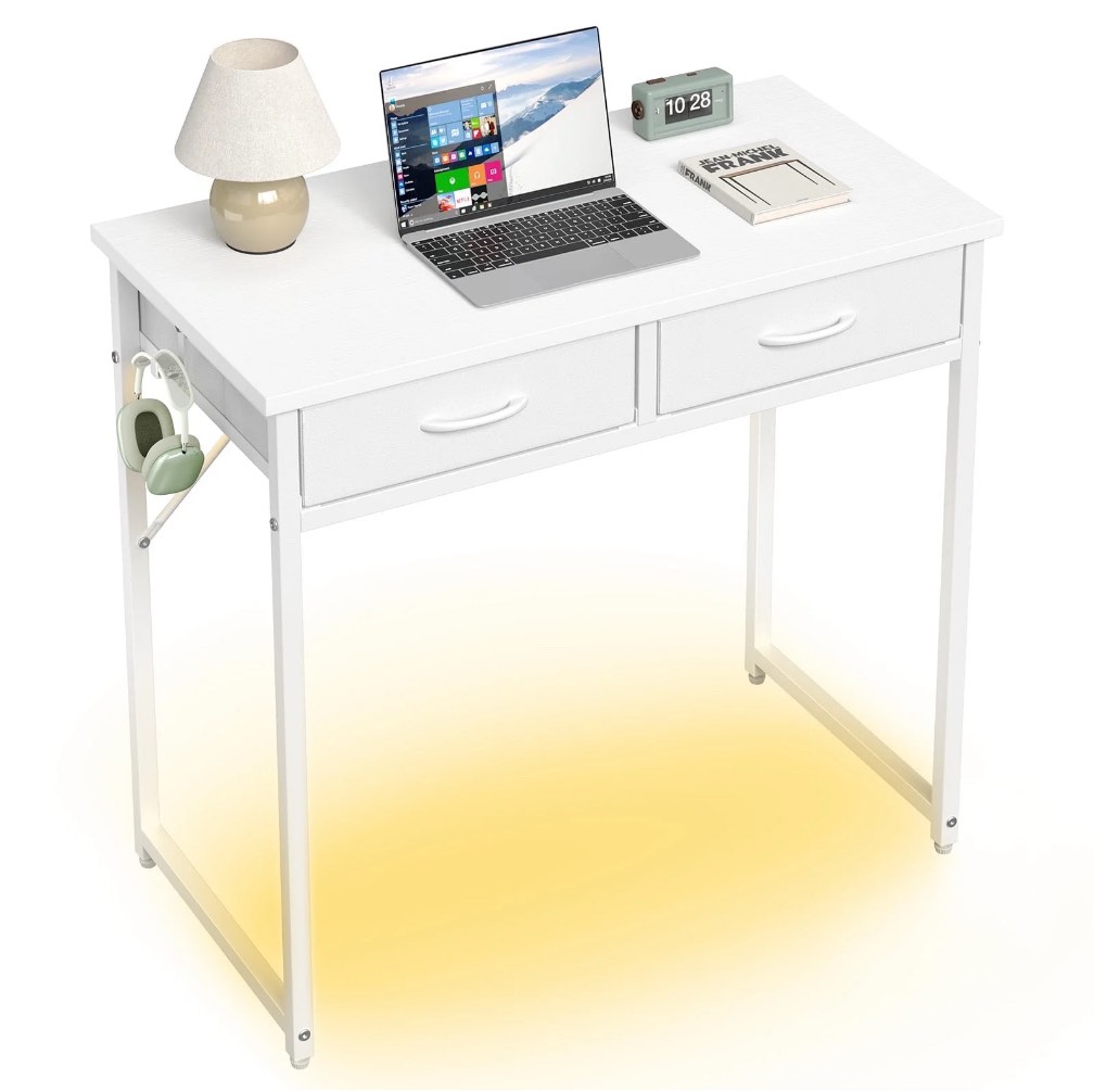 Pinmoco 32 inch Small Desk with 2 Fabric Drawers& RGB LED Light, Small Computer Desk Writing Desk Vanity Desk with Hanging Hook for Small Spaces, Home Office, White