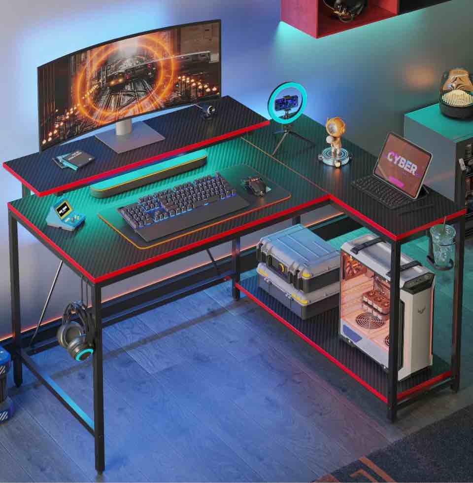 pinmoco 42" reversible l-shaped gaming desk with monitor stand, led lights& headset hooks, home office, carbon fiber black