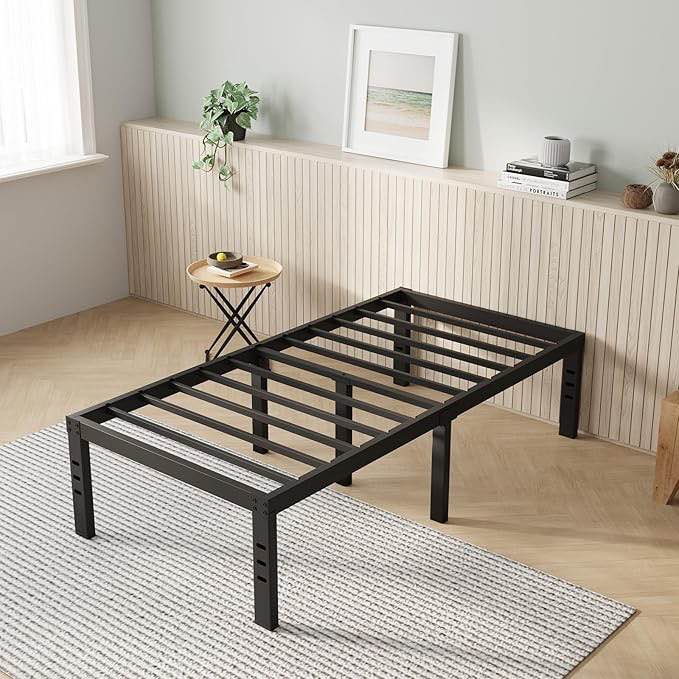 twin size 14" height metal platform bed frame with steel slat support, no box spring required, under-bed storage, easy assembly, black