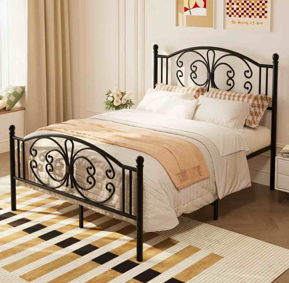18-inch high queen bed frame metal platform bed with butterfly pattern design and ample underbed storage - sturdy, durable, and easy assembly(black)