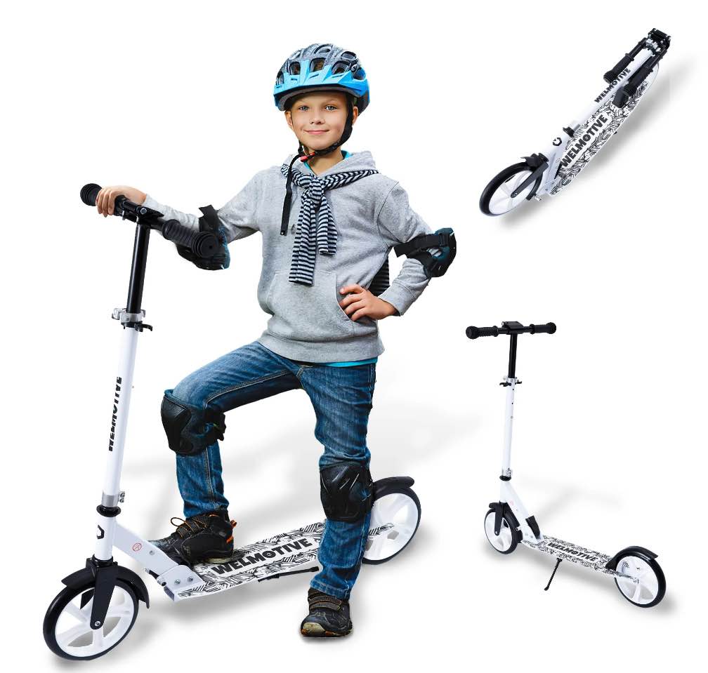 welmotive scooter for kids ages 6+, teens & adults, lightweight kick scooter 3 adjustable heightand rear brake, big wheel foldable scooter for indoor & outdoor.