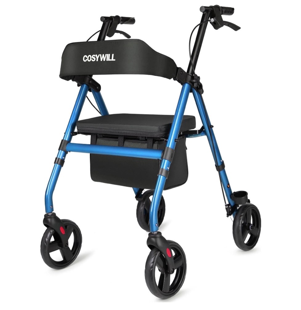 cosywill rollator walker with seat,foldable mobility walker with durable steel,rolling walker with 8" wheels for all terrain,adjustable height,300 lbs,blue