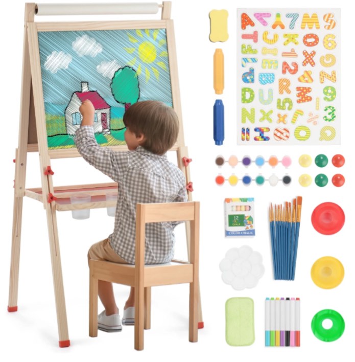 Art Easel for Kids with Paper Roll, Adjustable Double Side Art Drawing Standing Chalkboard for Toddlers 3-12, Boy & Girls Wooden Gift & Art Supplies for Toddler