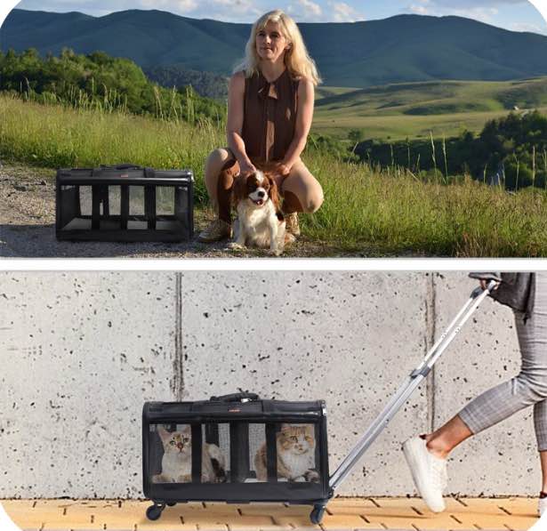 ELEGX Double-Compartment Pet Rolling Carrier with Wheels for 2 Pets,for Up to 35 LBS,Cat Rolling Carrier for 2 Cats,Super Ventilated Design,Ideal for Traveling/Hiking /Camping