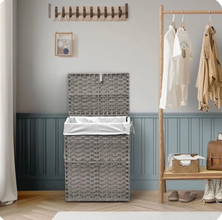 edx Laundry Basket with Lid, 90 L Hand-Woven PP Rattan Laundry Basket with Handle, Foldable, Removable Liner, Gray