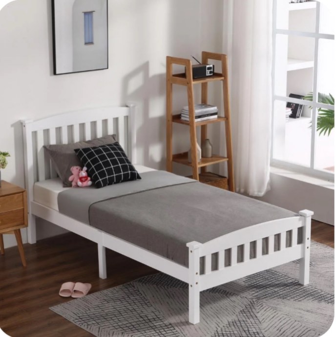 Ktaxon Twin Bed Frame,Solid Pine Wood Twin Platform Bed Frame, Bedroom Twin Bed with Headboard for Adults, White, 78.94"L*42.44"W*39.17"H
