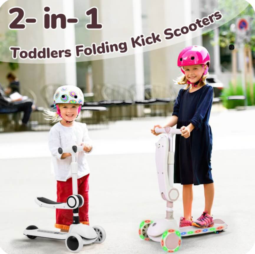 Skyhot Kids Scooter with LED Lighted Wheels, 3 Adjustable Height Handlebars and Foldable Seat - Sit or Stand Ride, Lean-to-Steer & Widen Anti-Slip Deck, Scooters for Kids 3-12, Black