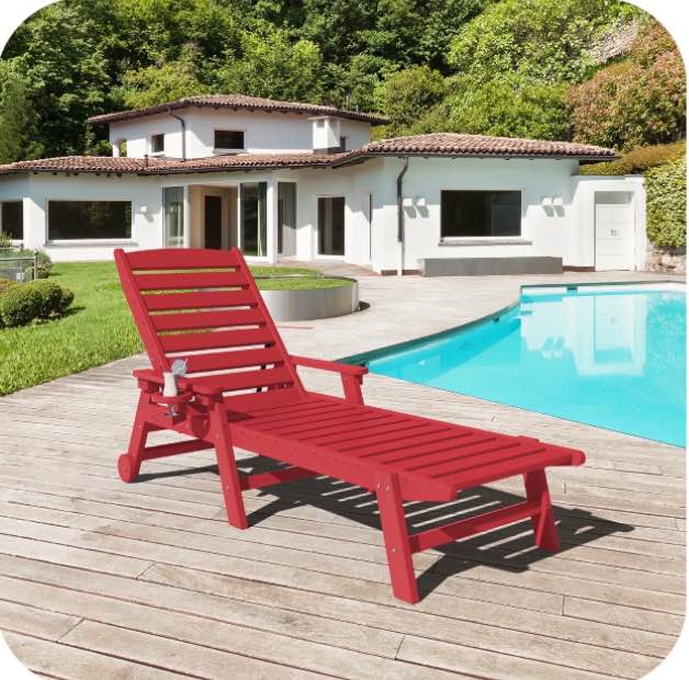 JUSTLET Adjustable Wheeled HDPE Plastic Outdoor Patio Lounge Chair W/ Cup Holder,78.3"x25.1"x16.3", Red